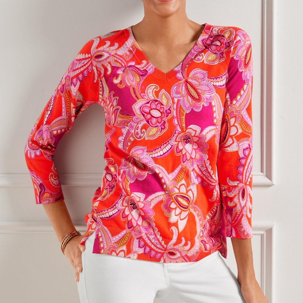 Talbots Sweater Womens 1X Floral Paisley Colorful Soft Stretch Statement Boho